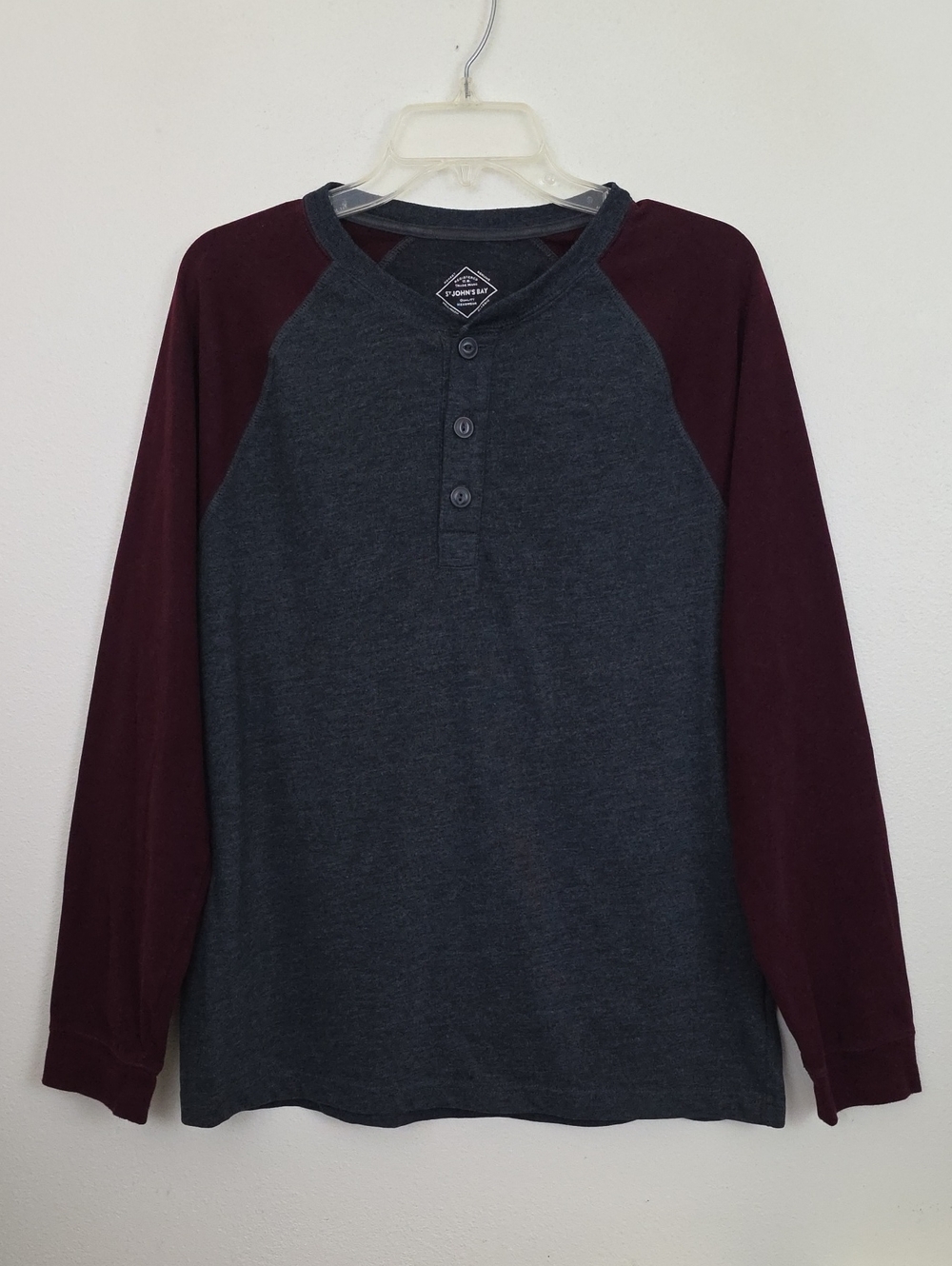 St. Johns Bay Henley Gray & Burgundy Wine Long Sleeve Soft & Comfortable Shirt M